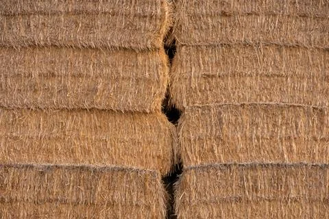 Stack of yellow hay straw bales background alfalfa horizontal Stock Photos
