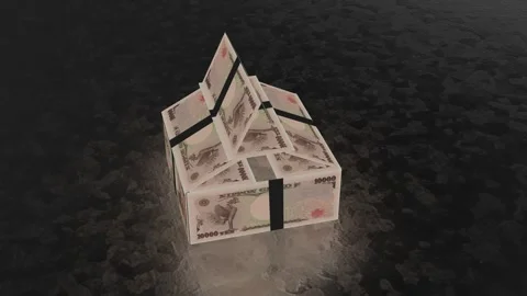 Stacked 10,000 yen notes shaped like a house and bound with black tape Video stock 325657264