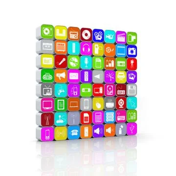 Stacked and Colored 64 3D Multimedia Icons Background. Stock Illustration