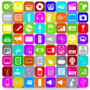 Stacked and Colored 64 3D Multimedia Icons Background. Illustrazione stock