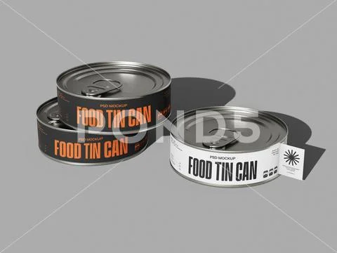 Stacked and Standalone Flat Food Tin Cans Packaging Mockup on Gray Background PSD Template