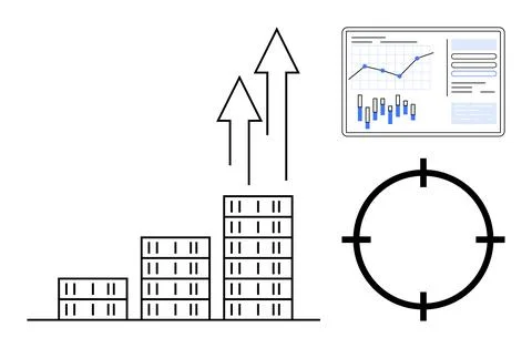 Stacked bar chart ascending with arrows, data analytics screen, and target sy Stock Illustration