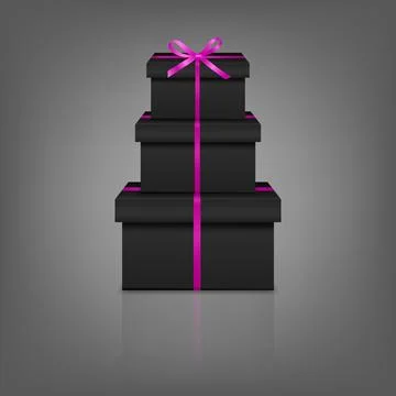 Stacked Black Gift Boxes with Pink Ribbon. Luxury Black Present Box Tower Stock Illustration