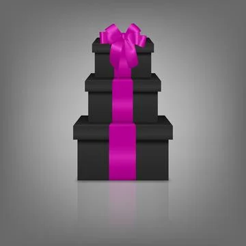 Stacked Black Gift Boxes with Pink Ribbon. Luxury Black Present Box Tower Illustrazione stock