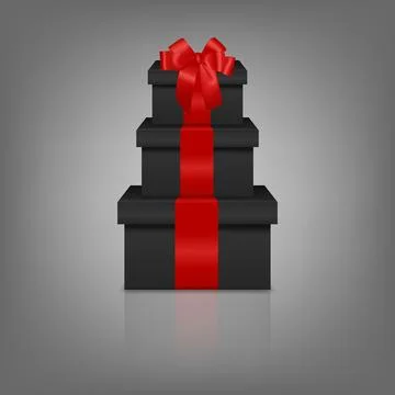 Stacked Black Gift Boxes with Red Ribbon. Luxury Black Present Box Tower Illustrazione stock