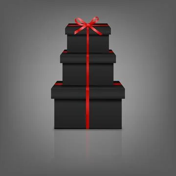 Stacked Black Gift Boxes with Red Ribbon. Luxury Black Present Box Tower Illustrazione stock