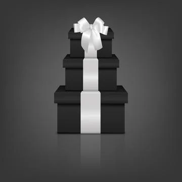 Stacked Black Gift Boxes with White Ribbon. Luxury Black Present Box Tower with Illustrazione stock