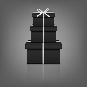 Stacked Black Gift Boxes with White Ribbon. Luxury Black Present Box Tower Illustrazione stock