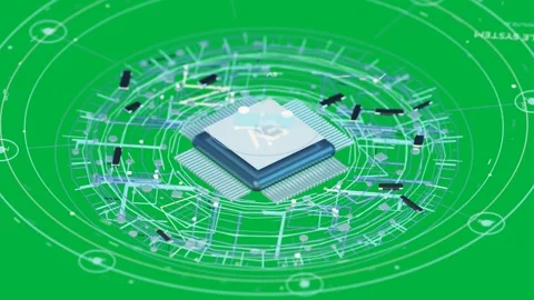 Stacked blue chip starting HUD rings and traces expanding forming network on Stock Footage 335780946