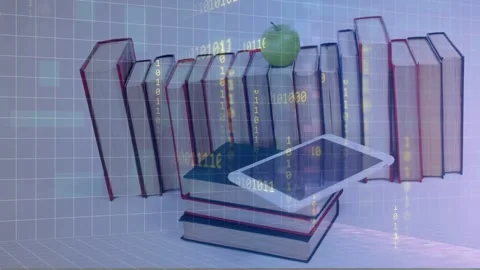 Stacked books and white tablet receiving falling binary overlay from lower-left, Stock Footage 334743564