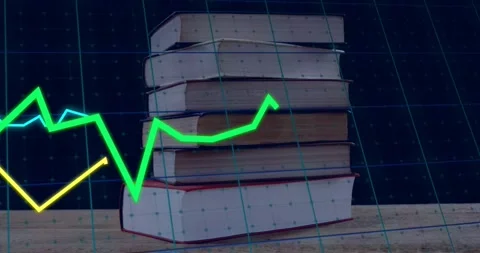 Stacked books centered as neon graphs entering left, sweeping across grid and Stock Footage 332281491
