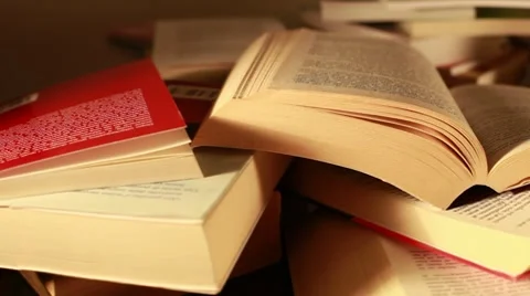 Stacked books (tracking motion) Stock Footage