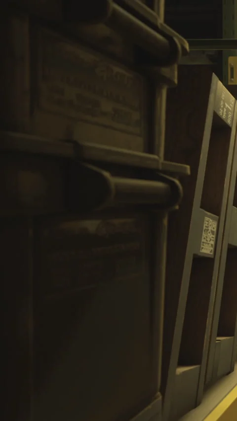 Stacked boxes in a dimly lit storage area showing various symbols Stock Footage 334244264