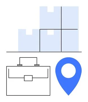Stacked boxes with lines, a briefcase icon, and a blue location pin convey su 스톡 일러스트