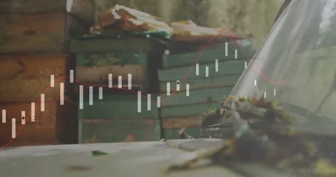 Stacked boxes static while animated finance chart moving across causing pullback Stock Footage 331006077