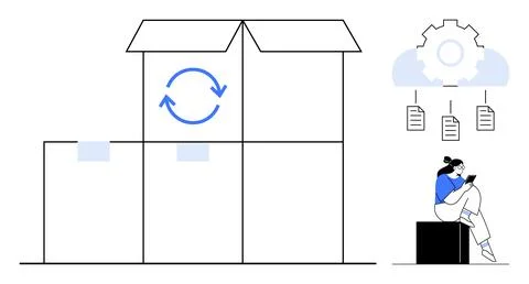 Stacked boxes with update symbol, person using tablet beside gears and cloud  イラスト素材