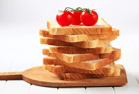 Stacked bread slices with cherry tomatoes on top Stock Photos