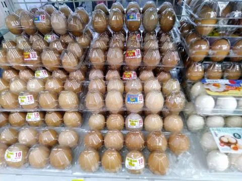 Stacked brown eggs in clear plastic packaging sit on a supermarket shelf Stock Photos