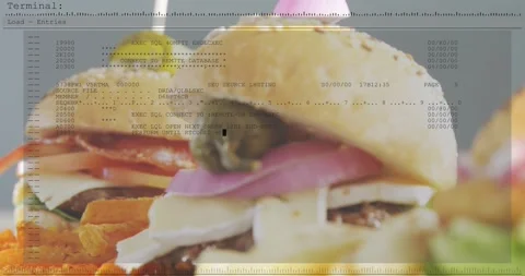Stacked burgers shifting focus while terminal overlay emerging from top via Stock Footage 331593366