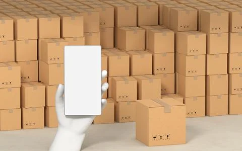 Stacked cardboard box with operating mobile phone, 3d rendering. Stock Illustration