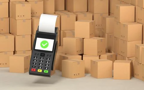 Stacked cardboard boxes with POS machine, 3d rendering. Stock Illustration