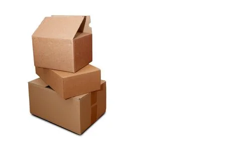 Stacked cardboard boxes on white background. Online Shopping delivery theme. Foto stock