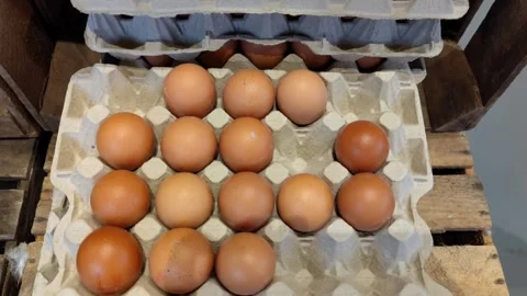 Stacked cardboard egg tray boxes with fresh eggs on a supermarket shelf Stock Footage 287445795