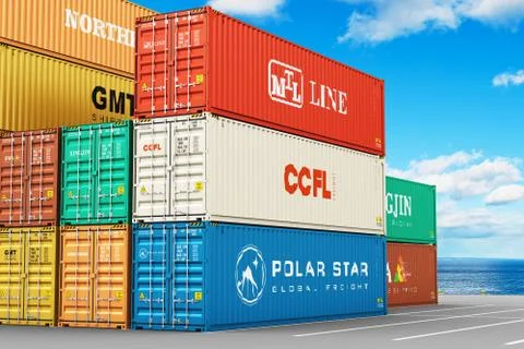 Stacked cargo containers in freight sea port terminal Stock Illustration