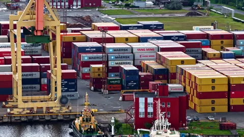 Stacked cargo containers at Riga intermodal terminal with gantry crane in drone Stock Footage 313906723