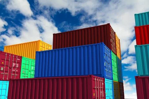 Stacked Cargo Containers on Sky Background. Illustrazione stock