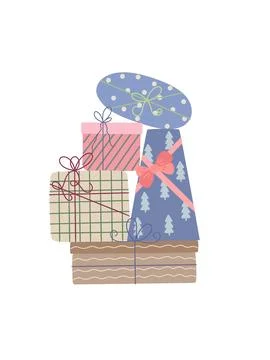 Stacked Christmas gift boxes in various sizes with colorful wrapping and eleg Illustrazione stock
