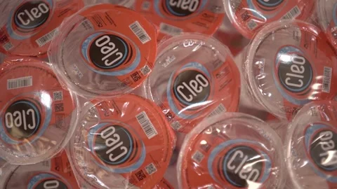 Stacked Cleo Bottled Drinking Water Packaging Closeup Stock Footage 326595673