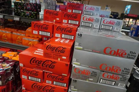 Stacked Coca-cola Zero Sugar, Diet Coke, Pepsi Max In Nottingham, England Stock Photos