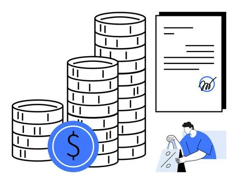 Stacked coins beside a signed document and a person carrying a shopping bag.  Stock Illustration
