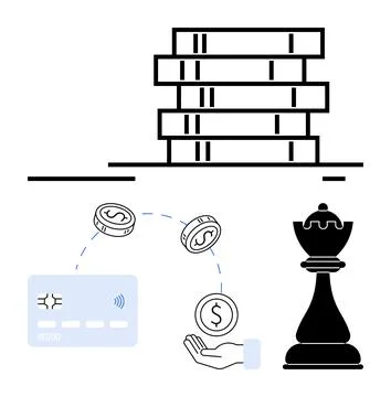 Stacked coins emphasize profits, hand with coins and credit card illustrate t Stockillustratie