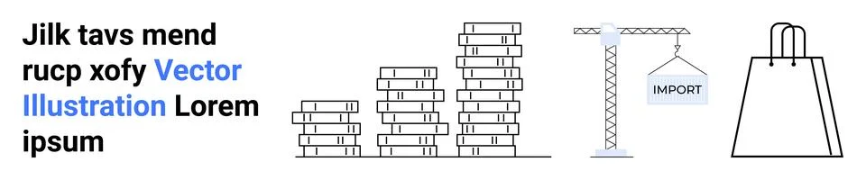 Stacked containers, construction crane moving import package, text with highl 스톡 일러스트