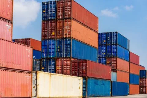 Stacked containers in the container terminals, Industry and Transportation Fotos de archivo