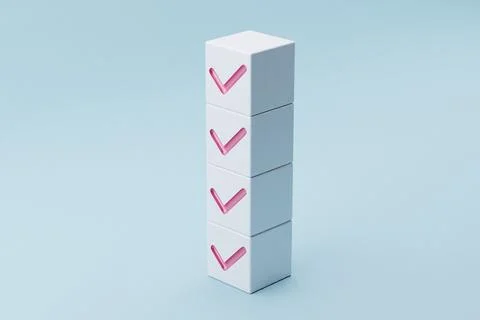 Stacked cubes, checkmarks, blue background, progress, checklist Stock Illustration