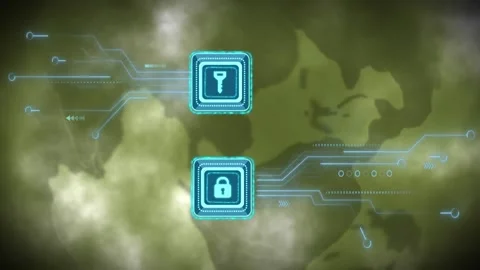 Stacked cyan UI key padlock icons pulsing, moving nodes along neon traces over Stock Footage 331197963
