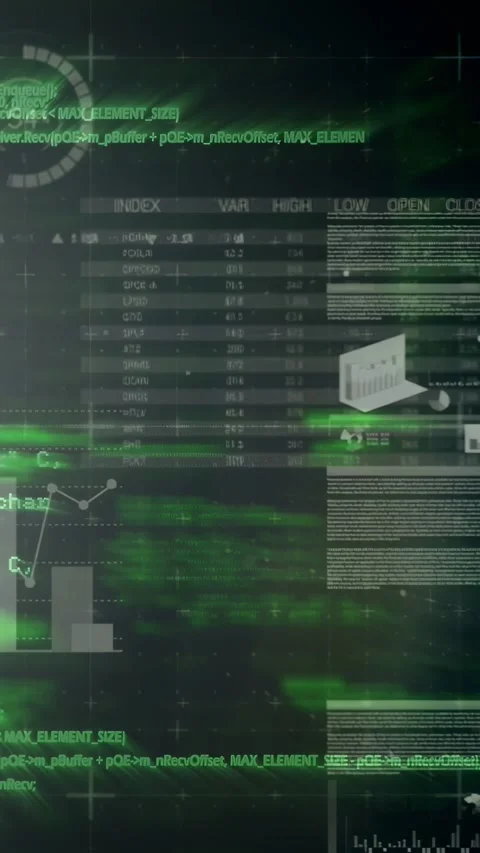 Stacked data panel appearing HUD shifting charts emerging code scrolling marking Stock Footage 332747776