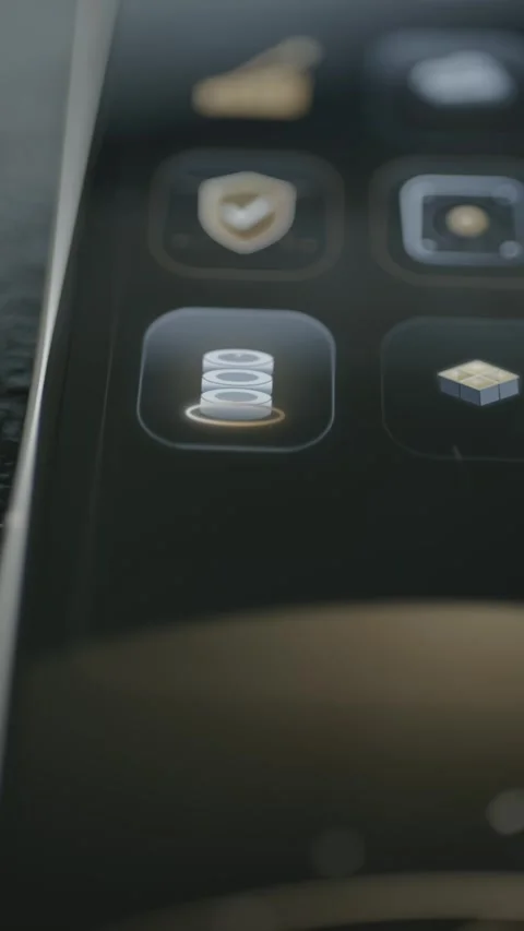 Stacked database storage icon becomes the focus of a dark mobile control grid Stock Footage 342487084