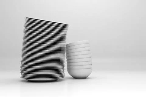 Stacked dishware on white background Stock Illustration