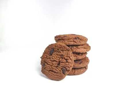 Stacked double choco round cookie biscuit with chocochips. Isolated on whit.. 스톡 사진