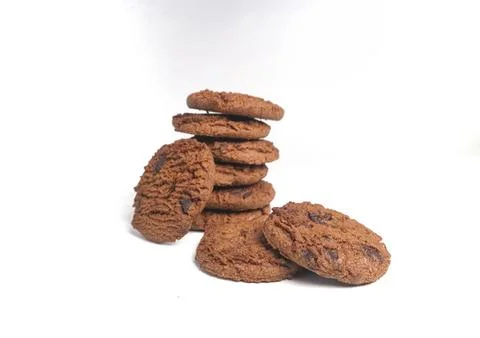 Stacked double choco round cookie biscuit with chocochips. Isolated on whit.. 스톡 사진