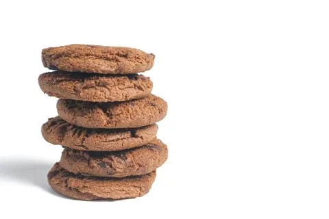 Stacked double choco round cookie biscuit with chocochips. Isolated on whit.. 스톡 사진