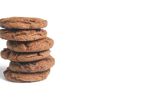 Stacked double choco round cookie biscuit with chocochips. Isolated on whit.. 스톡 사진