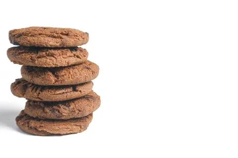 Stacked double choco round cookie biscuit with chocochips. Isolated on whit.. 스톡 사진