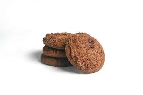 Stacked double choco round cookie biscuit with chocochips. Isolated on whit.. 스톡 사진