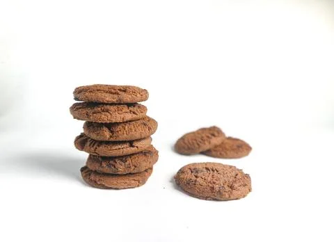 Stacked double choco round cookie biscuit with chocochips. Isolated on whit.. 스톡 사진