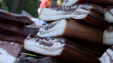 Stacked dry bacon on the stand Stock Footage 48099577